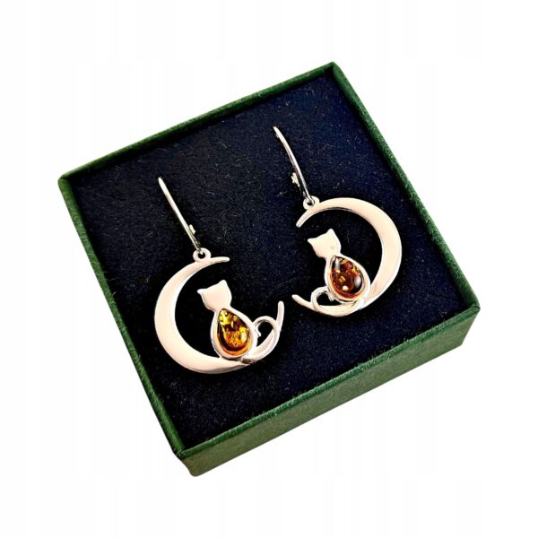 Kolczyki srebrne z bursztynem koty - zapięcie angielskie - srebro 925