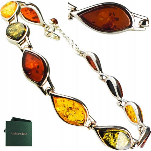 Bransoletka srebrna z bursztynem - kolorowa - piękna klasyczna