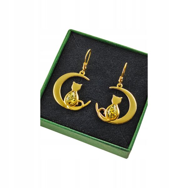 KOLCZYKI ZŁOTE KOT na KSIĘŻYCU z Bursztynem PIĘKNE Srebro Pozłacane Cert