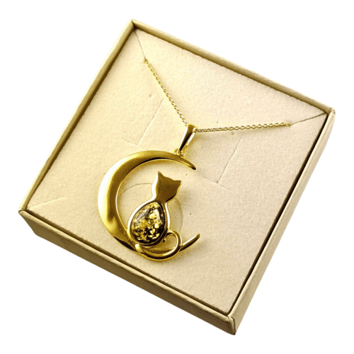 WISIOREK ZŁOTY z CERTYFIKOWANYM Bursztynem KOT Piękny Srebro Pozłacane 925