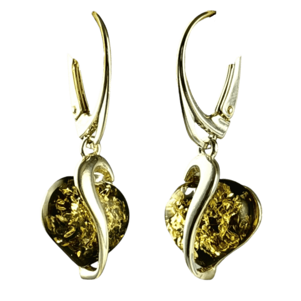 Kolczyki srebrne serduszka z bursztynem - wiszące