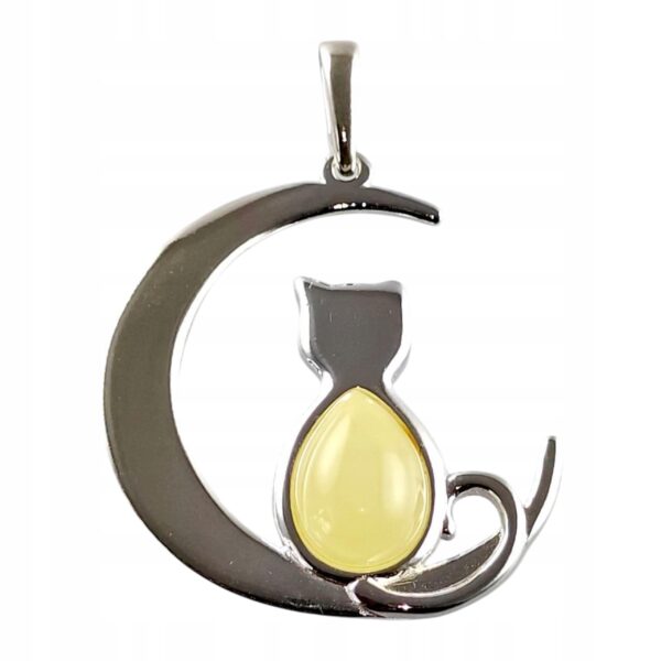 WISIOREK SREBRNY z CERTYFIKOWANYM Bursztynem KOT NA KSIĘŻYCU Piękny Śliczny