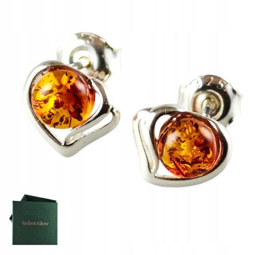 Kolczyki srebrne serduszka z bursztynem