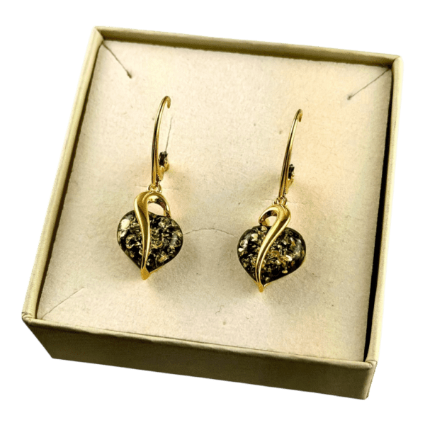 Kolczyki srebrne pozłacane serduszka z bursztynem - wiszące