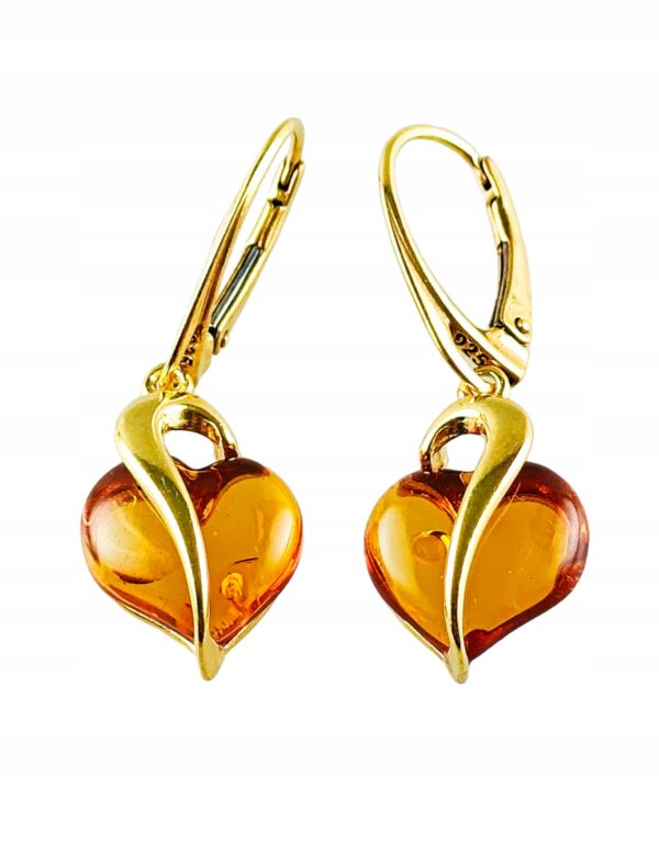 Kolczyki srebrne pozłacane serduszka z bursztynem - wiszące