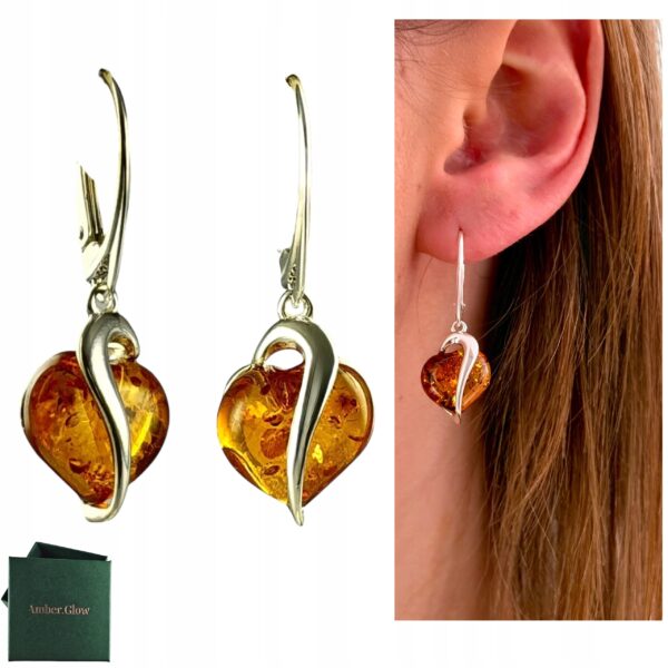 KOLCZYKI SREBRNE SERCA Z CERTYFIKOWANYM Bursztynem WISZĄCE PIĘKNE SREBRO