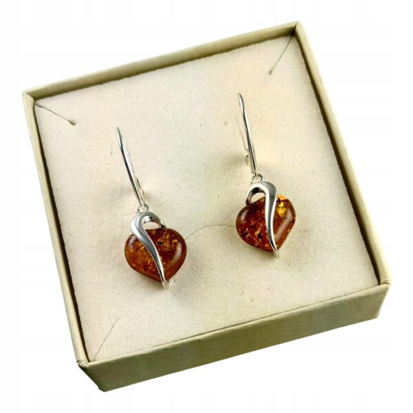 KOLCZYKI SREBRNE SERCA Z CERTYFIKOWANYM Bursztynem WISZĄCE PIĘKNE SREBRO