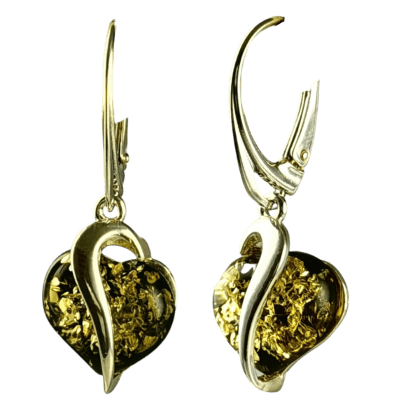 Kolczyki srebrne serduszka z bursztynem - wiszące