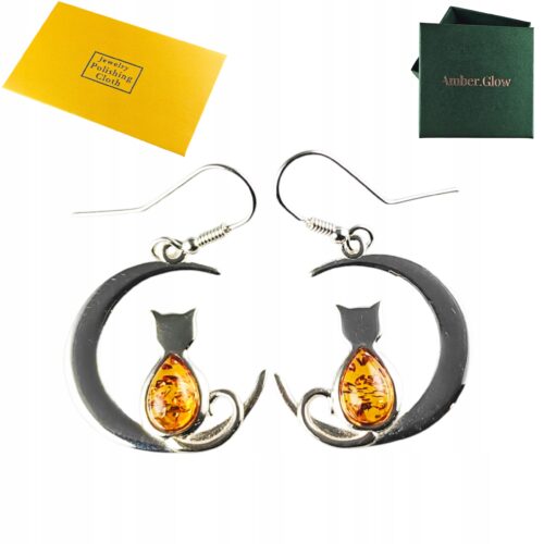 Kolczyki srebrne z bursztynem - Kot na księżycu
