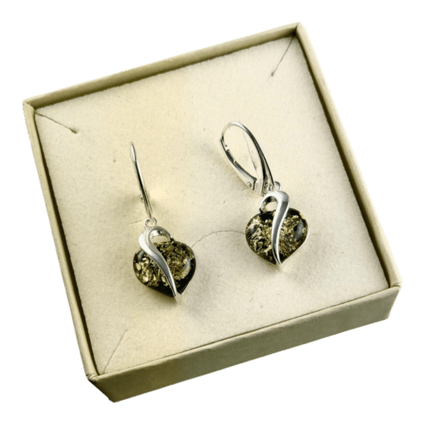 Kolczyki srebrne serduszka z bursztynem - wiszące