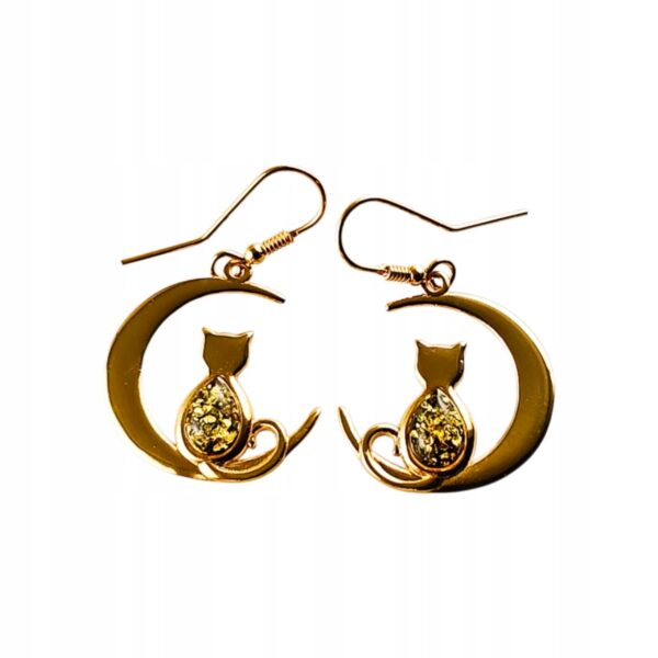 KOLCZYKI ZŁOTE KOT na KSIĘŻYCU z Bursztynem PIĘKNE Srebro Pozłacane Cert