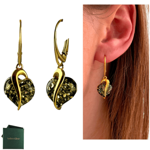 Kolczyki srebrne pozłacane serduszka z bursztynem - wiszące