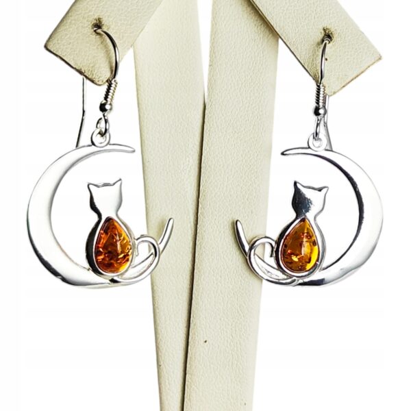 Kolczyki srebrne z bursztynem - Kot na księżycu