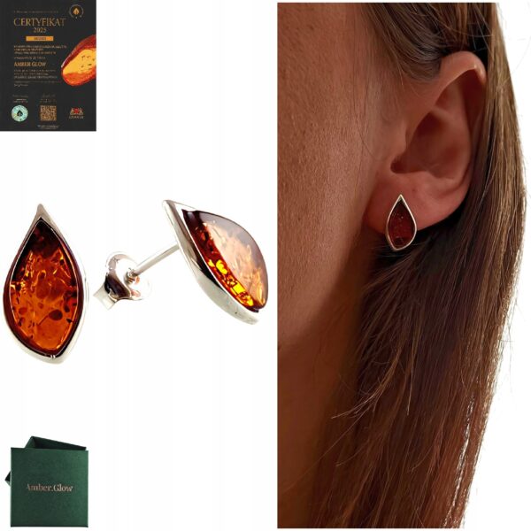 Kolczyki srebrne z bursztynem - klasyczne - srebro 925 - sztyft