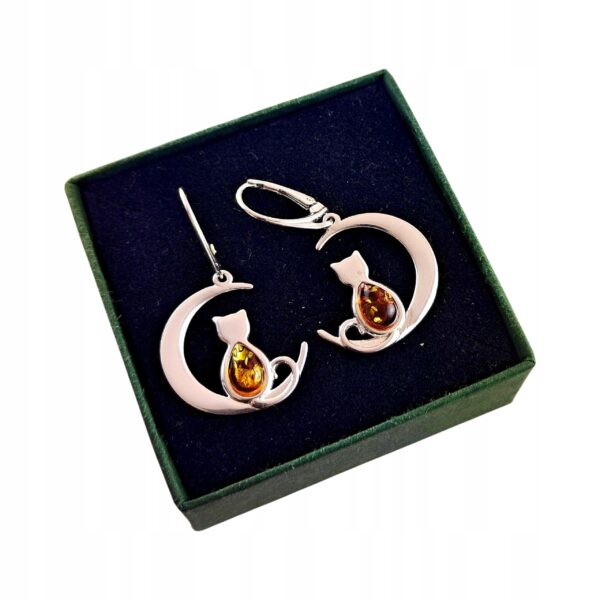 Kolczyki srebrne z bursztynem koty - zapięcie angielskie - srebro 925