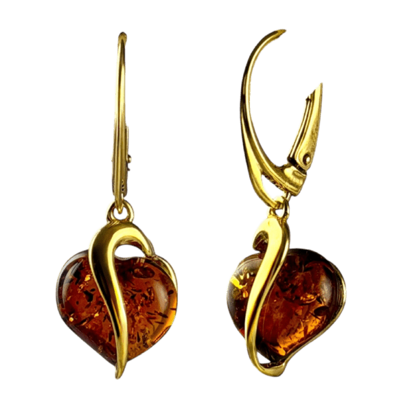 Kolczyki srebrne pozłacane serduszka z bursztynem - wiszące