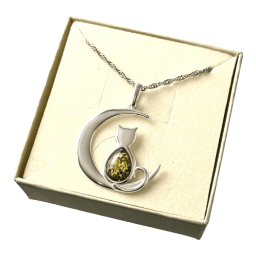 WISIOREK SREBRNY z CERTYFIKOWANYM Bursztynem KOT NA KSIĘŻYCU Piękny Śliczny