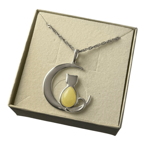 WISIOREK SREBRNY z CERTYFIKOWANYM Bursztynem KOT NA KSIĘŻYCU Piękny Śliczny