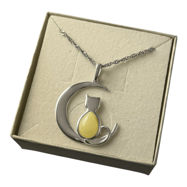 WISIOREK SREBRNY z CERTYFIKOWANYM Bursztynem KOT NA KSIĘŻYCU Piękny Śliczny