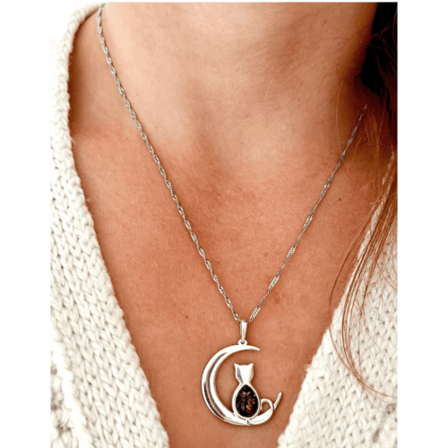 WISIOREK SREBRNY z CERTYFIKOWANYM Bursztynem KOT NA KSIĘŻYCU Piękny Śliczny