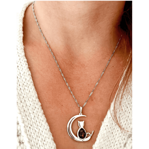 WISIOREK SREBRNY z CERTYFIKOWANYM Bursztynem KOT NA KSIĘŻYCU Piękny Śliczny