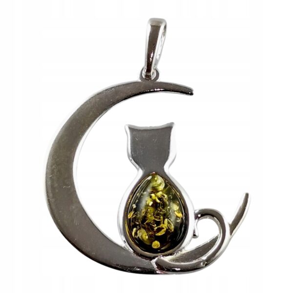 WISIOREK SREBRNY z CERTYFIKOWANYM Bursztynem KOT NA KSIĘŻYCU Piękny Śliczny