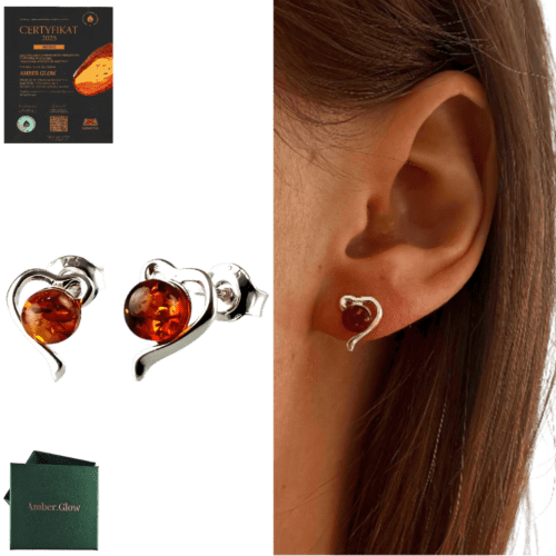 Kolczyki srebrne serduszka z bursztynem