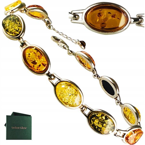 Bransoletka srebrna z bursztynem - kolorowa - owalna klasyczna