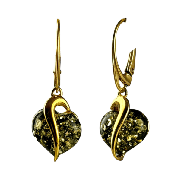 Kolczyki srebrne pozłacane serduszka z bursztynem - wiszące