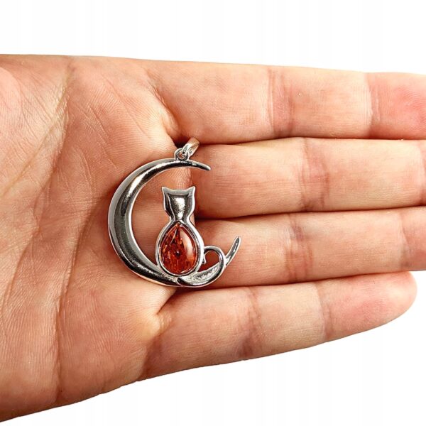 WISIOREK SREBRNY z CERTYFIKOWANYM Bursztynem KOT NA KSIĘŻYCU Piękny Śliczny