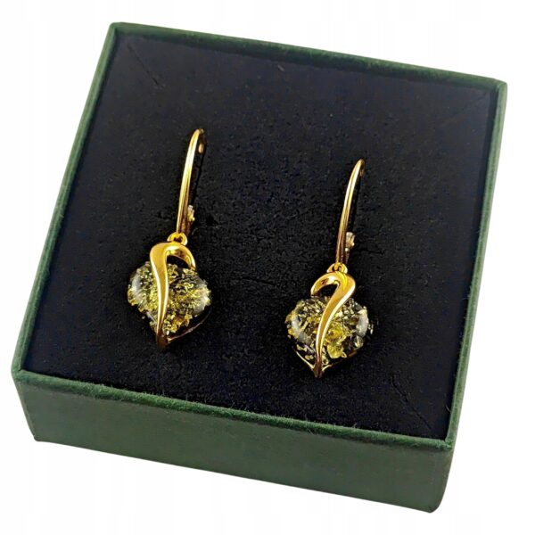 Kolczyki srebrne pozłacane serduszka z bursztynem - wiszące