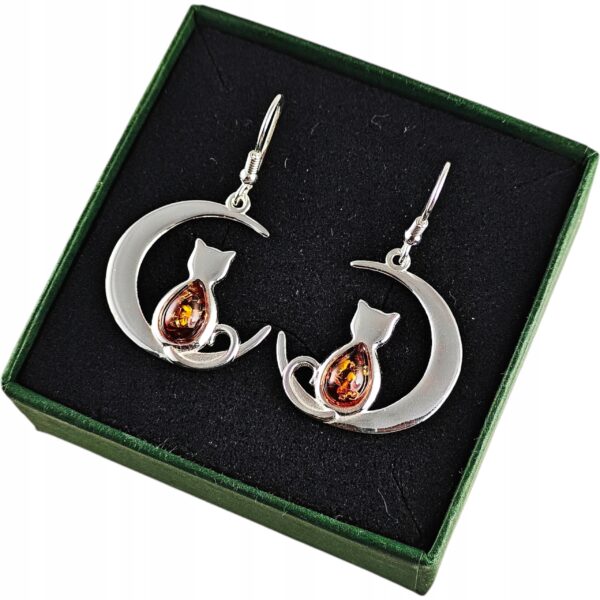 Kolczyki srebrne z bursztynem - Kot na księżycu