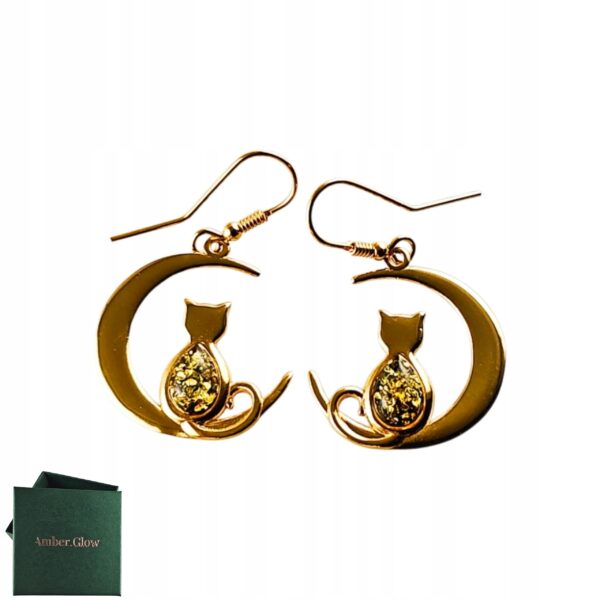 KOLCZYKI ZŁOTE KOT na KSIĘŻYCU z Bursztynem PIĘKNE Srebro Pozłacane Cert