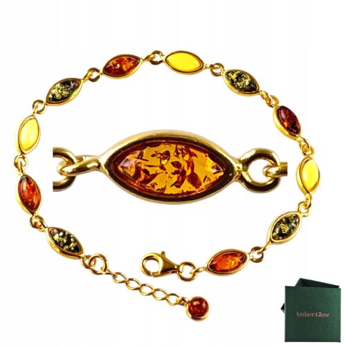 Bransoletka złota z wielokolorowym bursztynem - srebro pozłacane 925 - delikatna