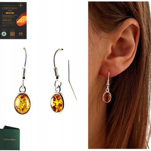 KOLCZYKI SREBRNE z CERTYFIKOWANYM Bursztynem WISZĄCE BIGIEL PIĘKNE SREBRO