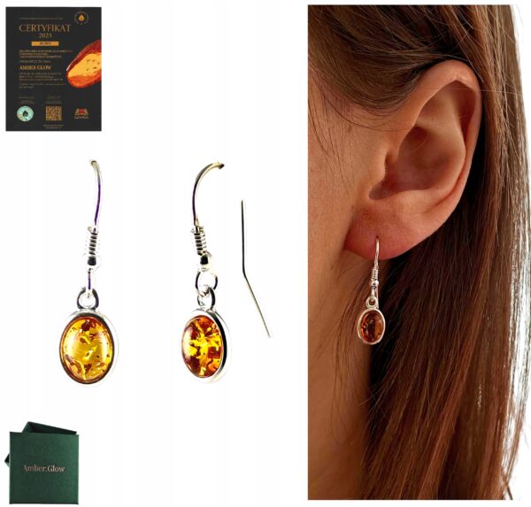 KOLCZYKI SREBRNE z CERTYFIKOWANYM Bursztynem WISZĄCE BIGIEL PIĘKNE SREBRO