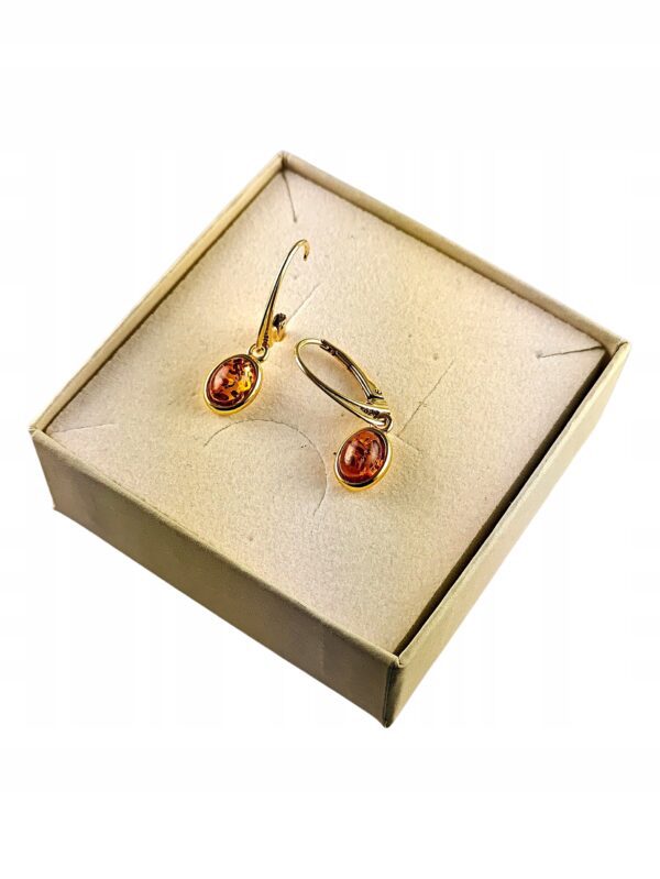 KOLCZYKI ZŁOTE z CERTYFIKOWANYM Bursztynem WISZĄCE PIĘKNE SREBRO POZŁACANE