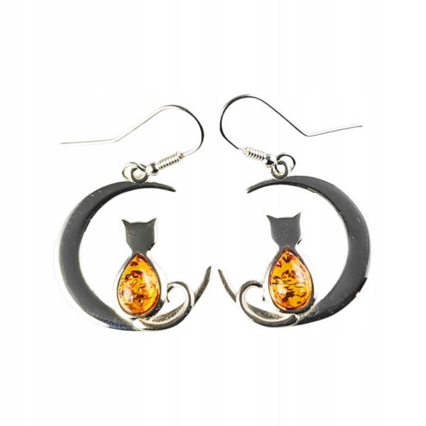 Kolczyki srebrne z bursztynem - Kot na księżycu