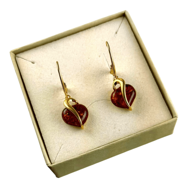 Kolczyki srebrne pozłacane serduszka z bursztynem - wiszące