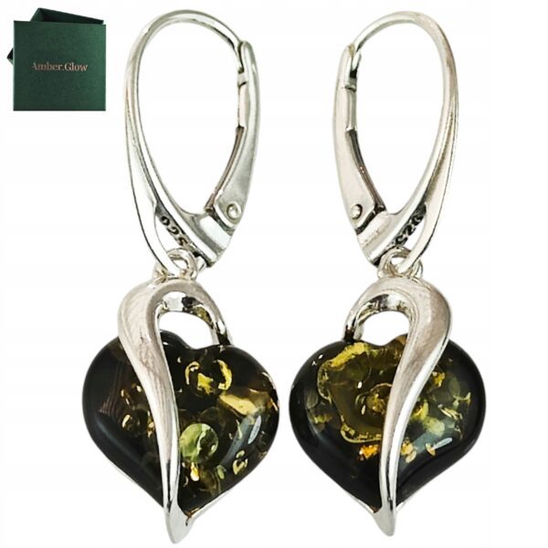 Kolczyki srebrne serduszka z bursztynem - wiszące