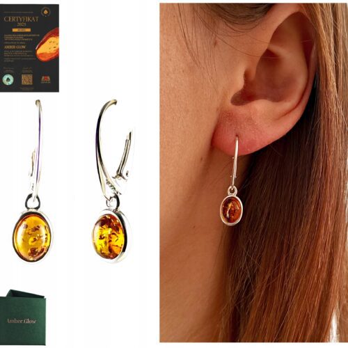 KOLCZYKI SREBRNE z CERTYFIKOWANYM Bursztynem Zapięcie Angielskie PIĘKNE
