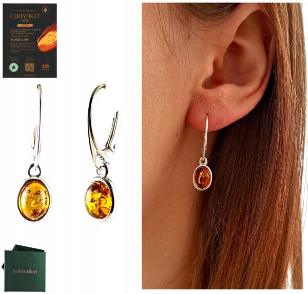 KOLCZYKI SREBRNE z CERTYFIKOWANYM Bursztynem Zapięcie Angielskie PIĘKNE