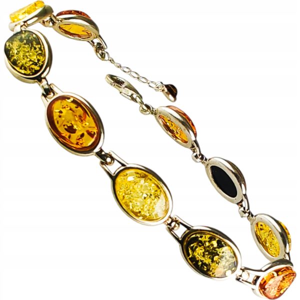 Bransoletka srebrna z bursztynem - kolorowa - owalna klasyczna