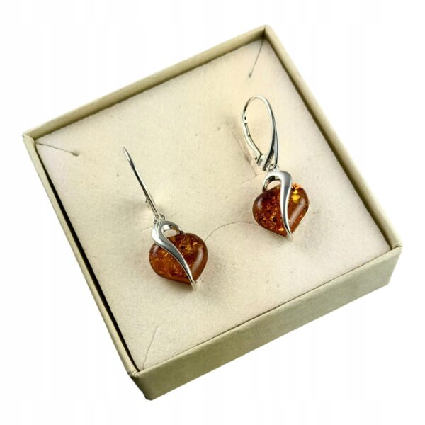 KOLCZYKI SREBRNE SERCA Z CERTYFIKOWANYM Bursztynem WISZĄCE PIĘKNE SREBRO