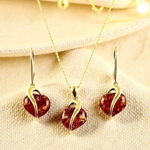 ZŁOTE KOLCZYKI WISIOREK z CERTYFIKOWANYM BURSZTYNEM SERCE KOMPLET SREBRO