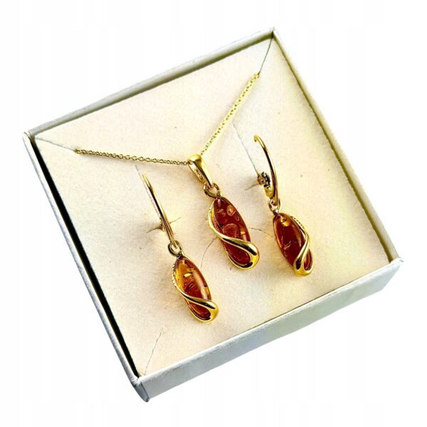 KOMPLET ZŁOTY Kolczyki Wisiorek z CERTYFIKOWANYM Bursztynem PIĘKNY SREBRO
