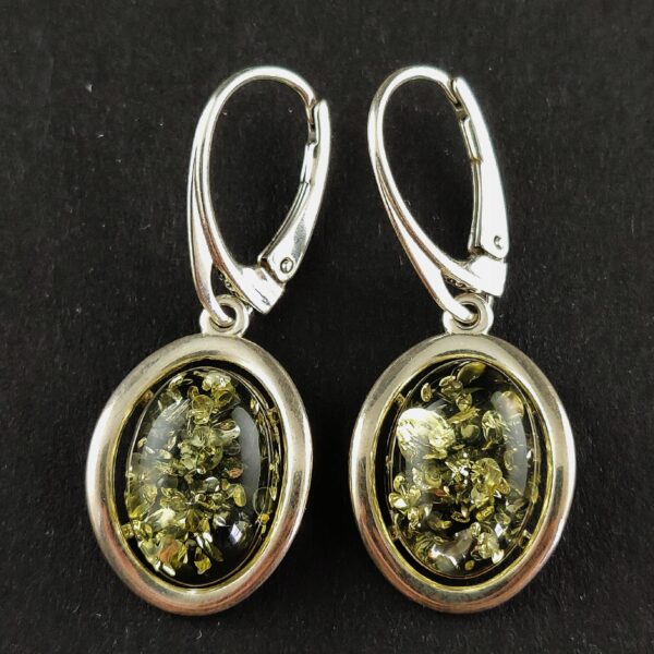 Kolczyki srebrne z dużym zielonym bursztynem - wiszące