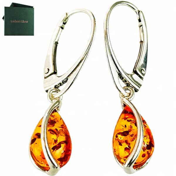 KOLCZYKI SREBRNE z Bursztynem DELIKATNE Bigiel Angielski Srebro NA PREZENT