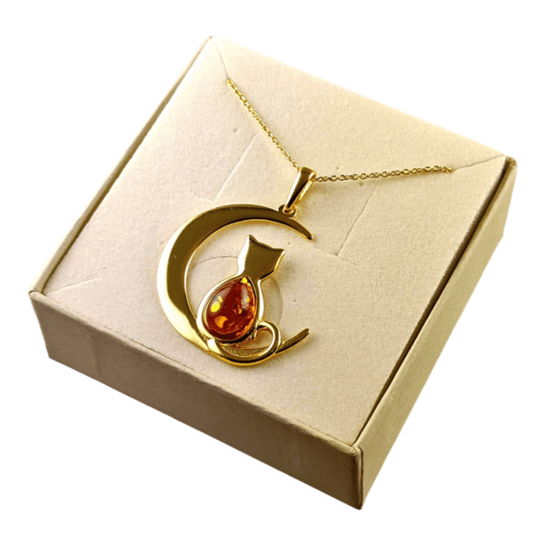 WISIOREK ZŁOTY z CERTYFIKOWANYM Bursztynem KOT Piękny Srebro Pozłacane 925