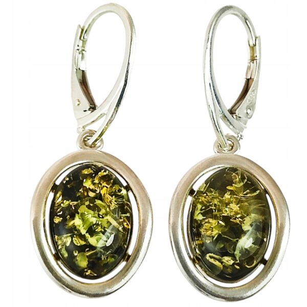 Kolczyki srebrne z dużym zielonym bursztynem - wiszące